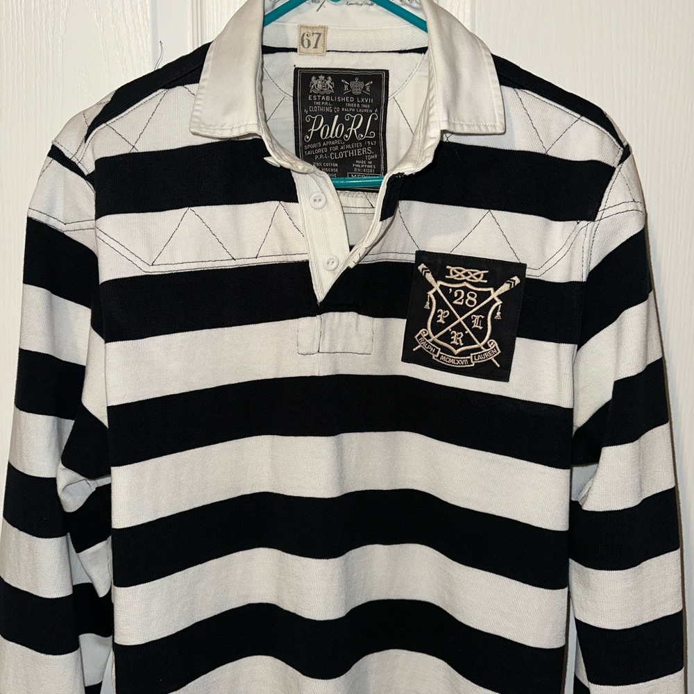 Vintage Rugby Ralph Lauren Black and White Striped Polo Shirt